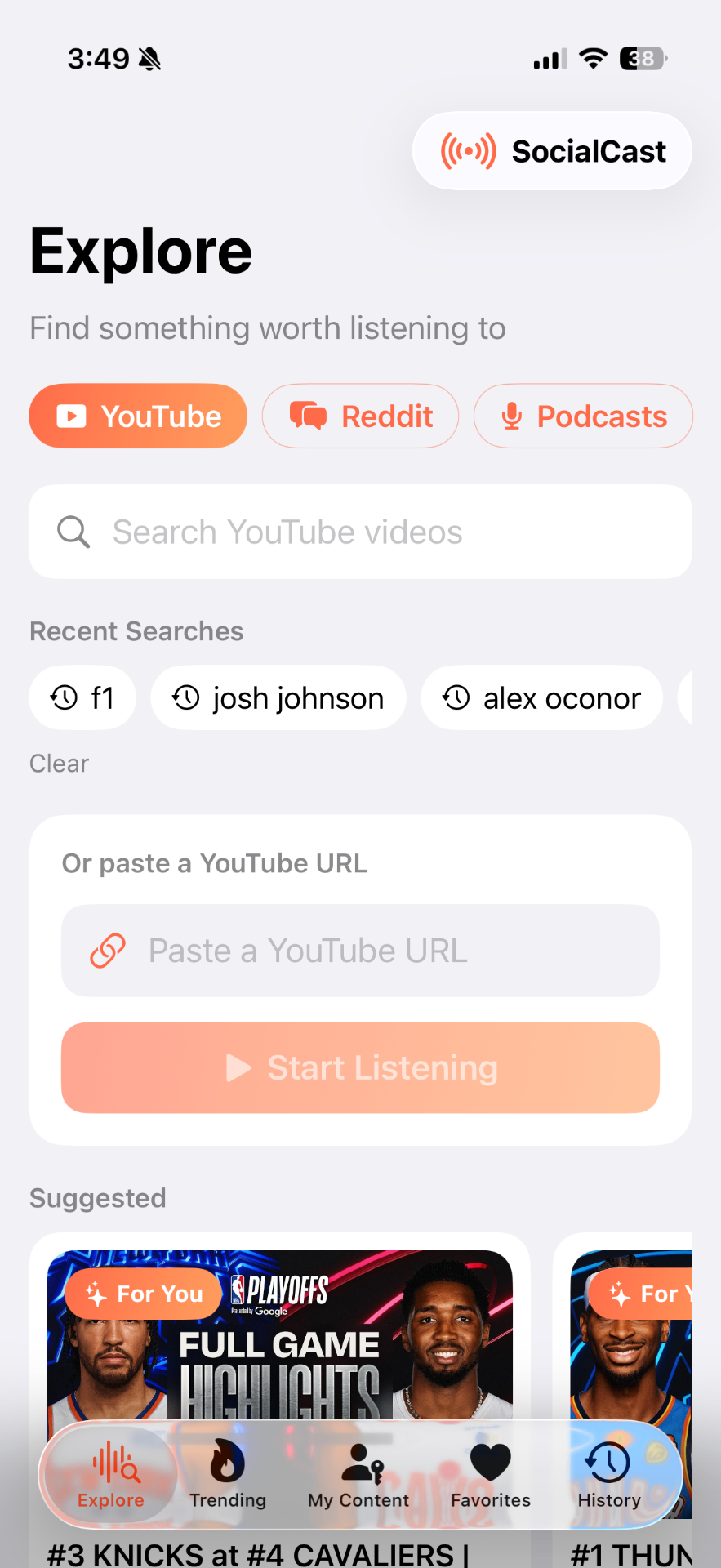 SocialCast Explore screen