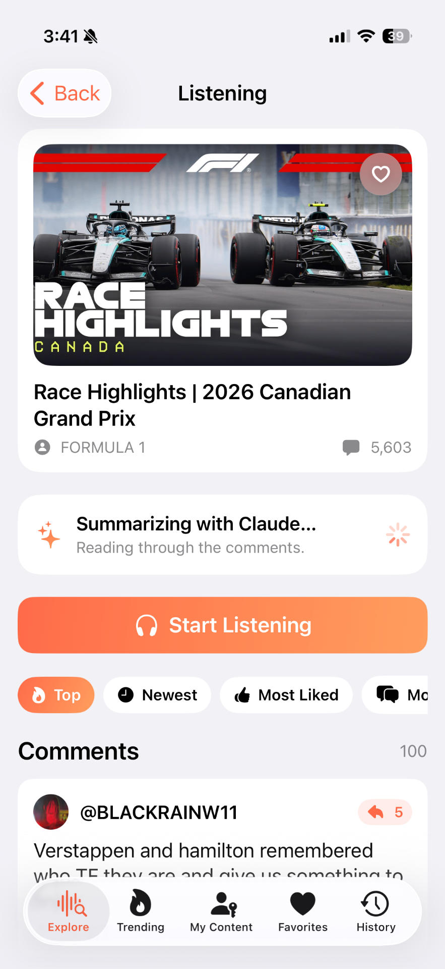 SocialCast listening screen with AI summary