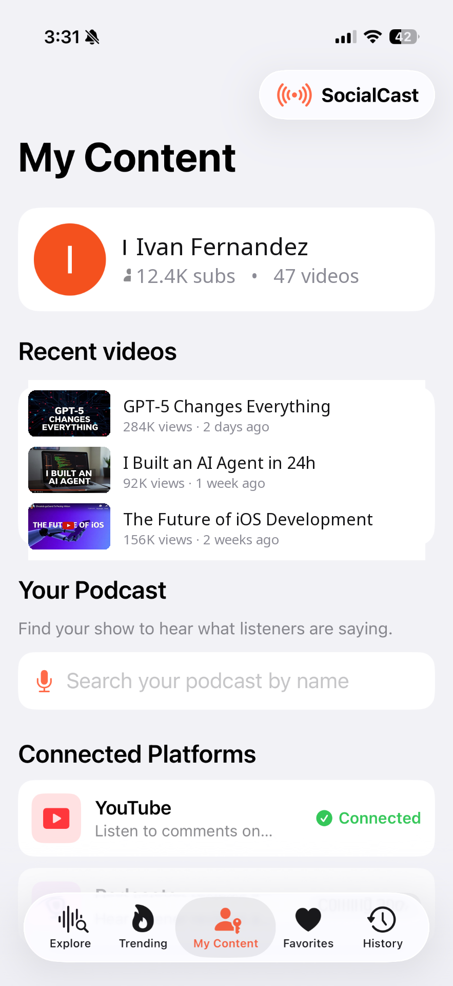 SocialCast My Content screen