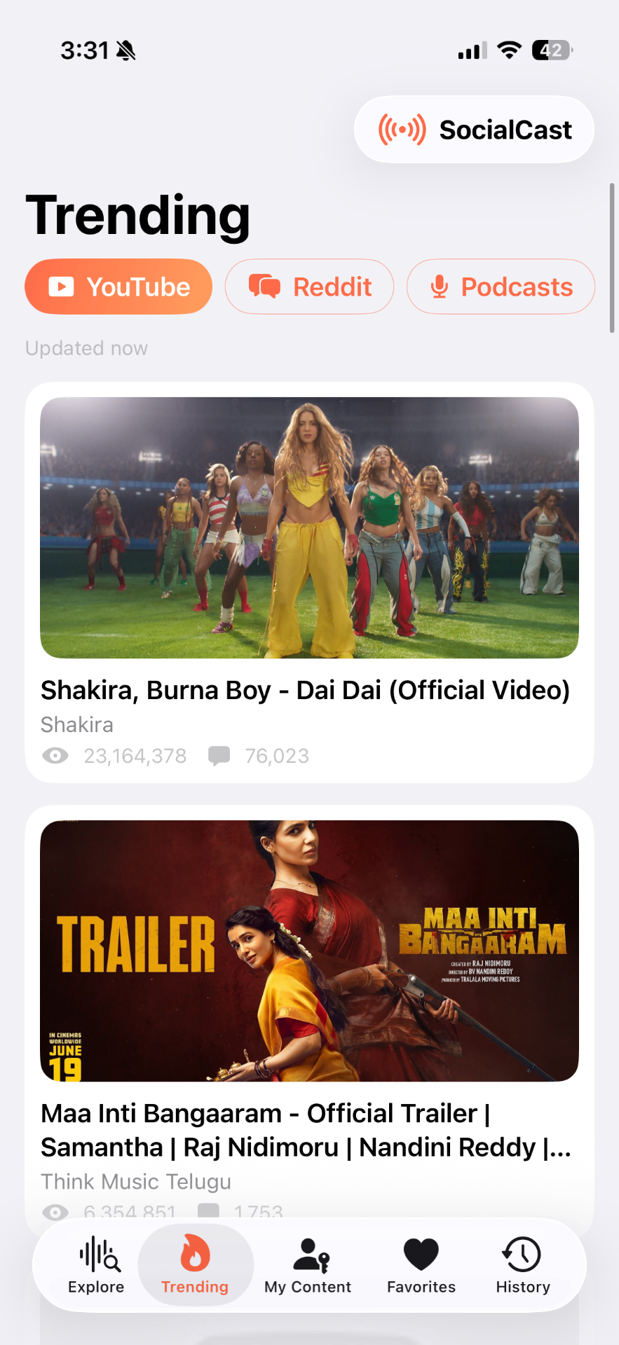 SocialCast Trending screen